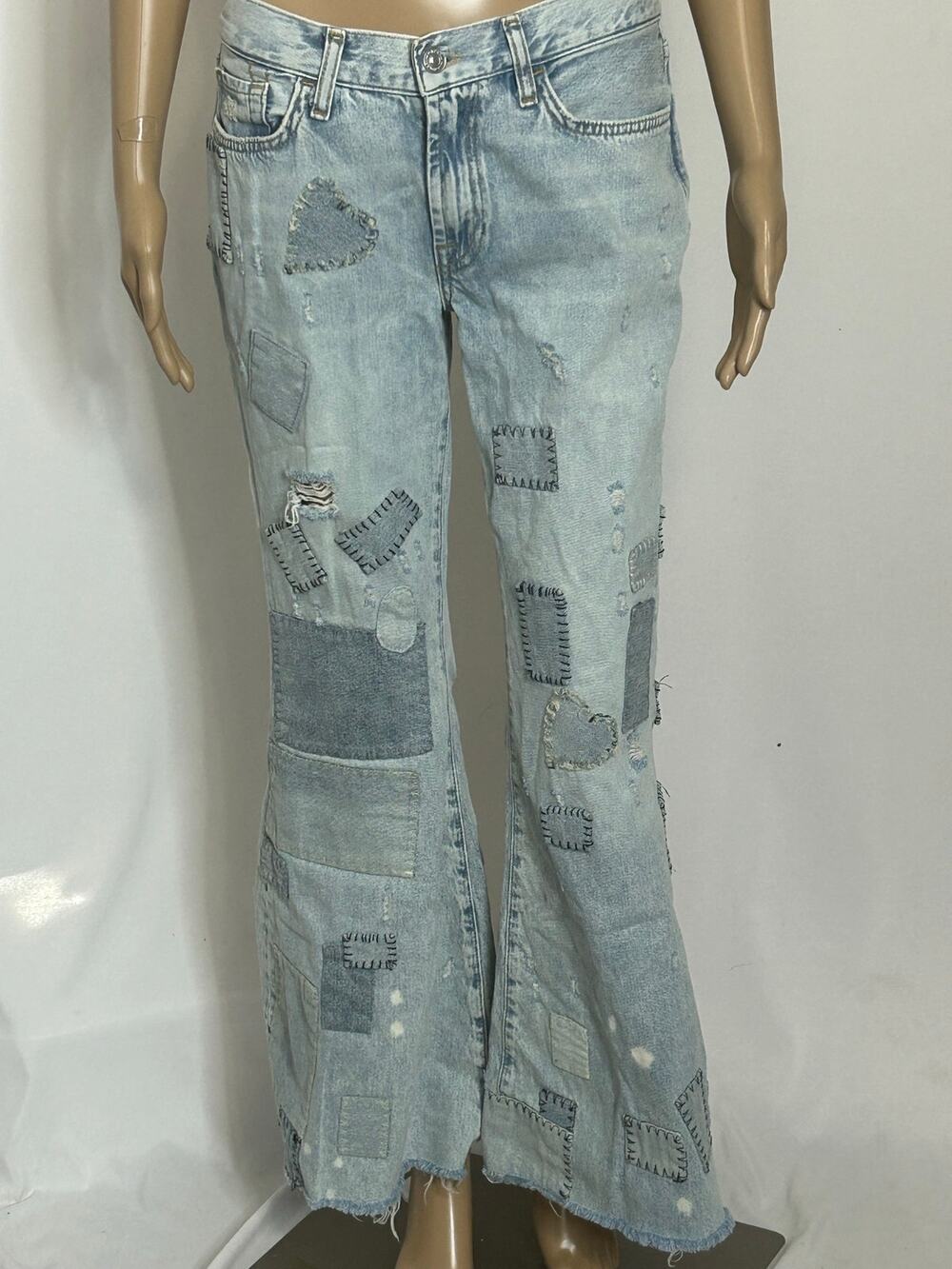 7 For All Mankind Jeans Womens 27 Low Rise Flare Patchwork Distressed Light Wash